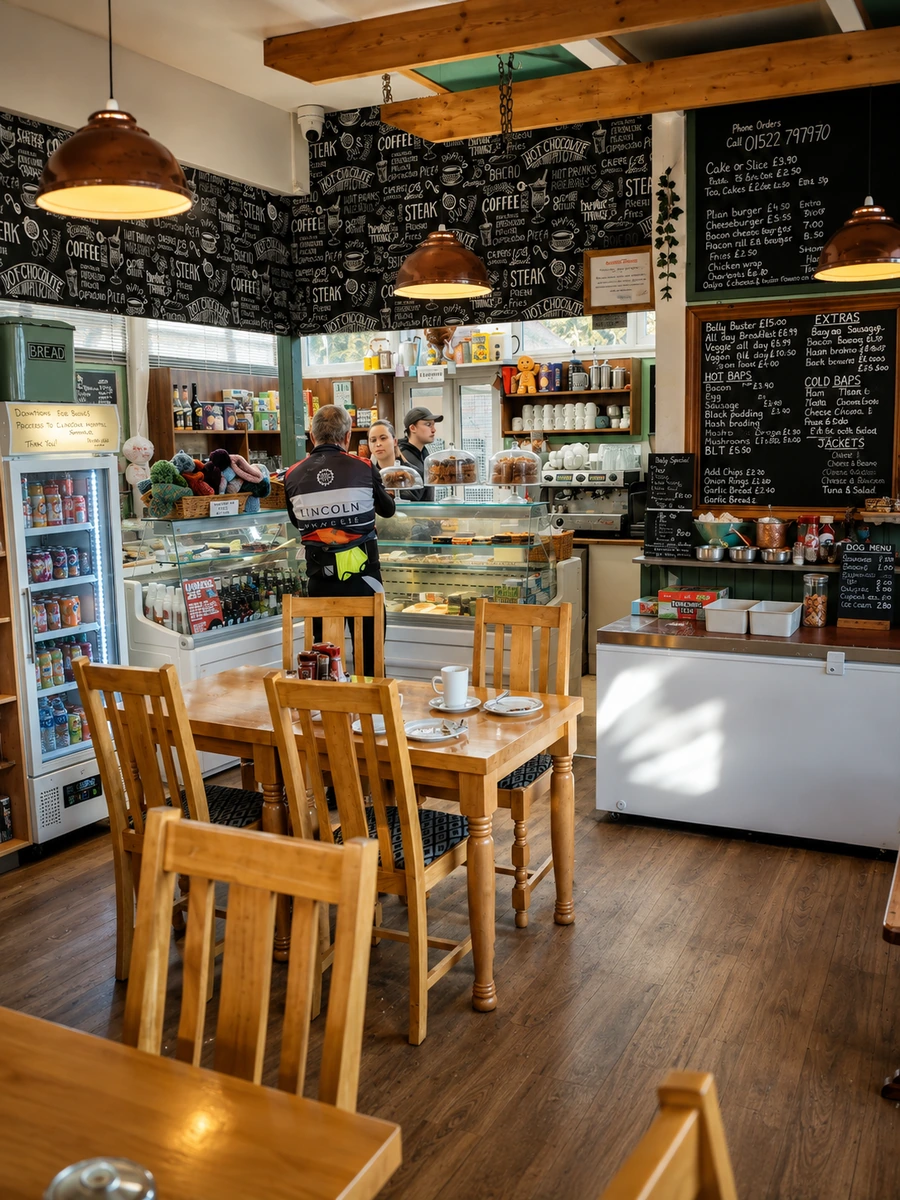 Inside Branston Café with wooden tables, counter and chalkboard menus