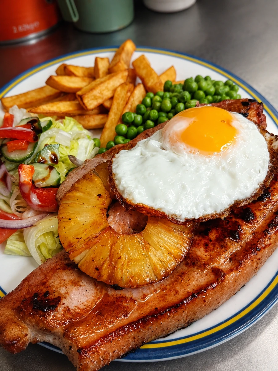 Grilled breakfast plate with egg, chips, peas and pineapple