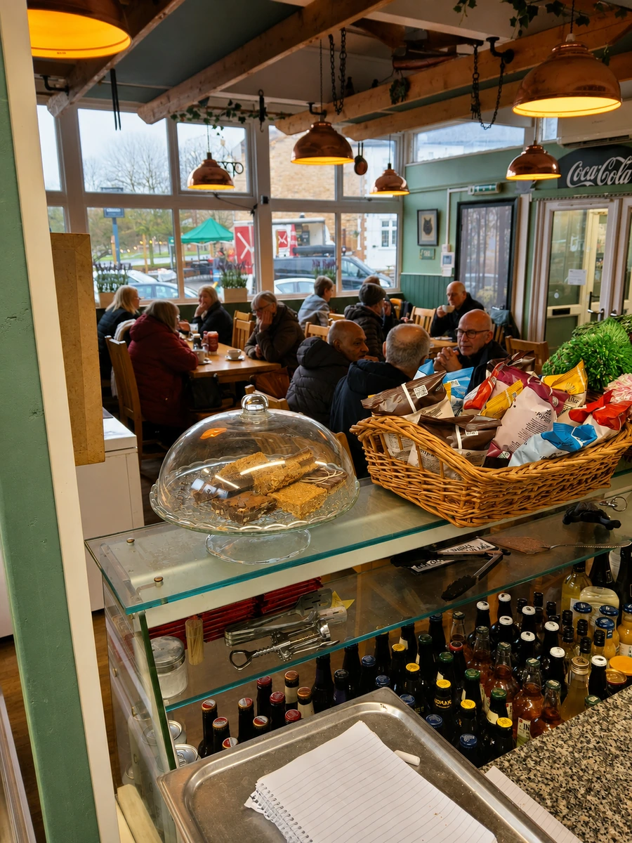 Inside Branston Café with customers and a counter display