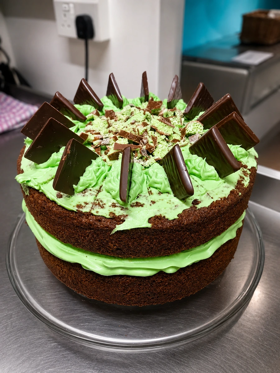 Chocolate cake with mint icing and chocolate decorations