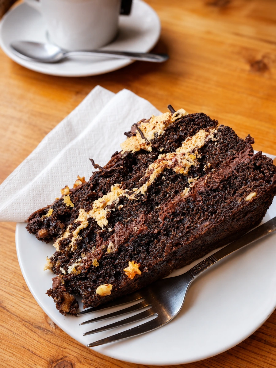 Homemade chocolate cake served with a hot drink at Branston Café